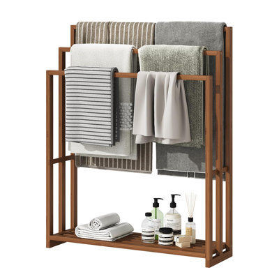 Bamboo Towel Rack Stand, 3 Tier Freestanding Bathroom Towel Drying Rack, Waterproof, Blanket rack, Ventilated, Bottom shelf, Anti-tip, (Walnut)