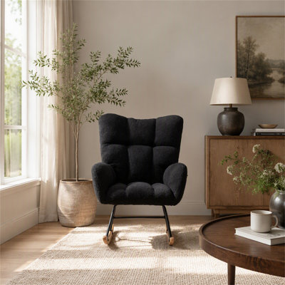 Fauteuil à bascule à oreilles en tissu Teddy bleu foncé avec poche de rangement latérale, fauteuil d'allaitement confortable et doux, base robuste et sûre en bois massif, fauteuil d'appoint polyvalent pour chambre d'enfant et salon.