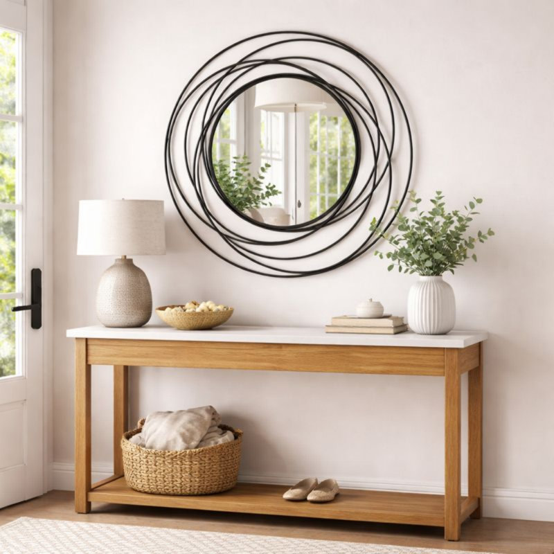 Metal Round Wall Mirror, Decorative Wall Mirror with Overlapping Circles, Black