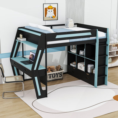Loft Bed with Desk, LED Lights, USB Ports, Storage Cubbies and Drawers