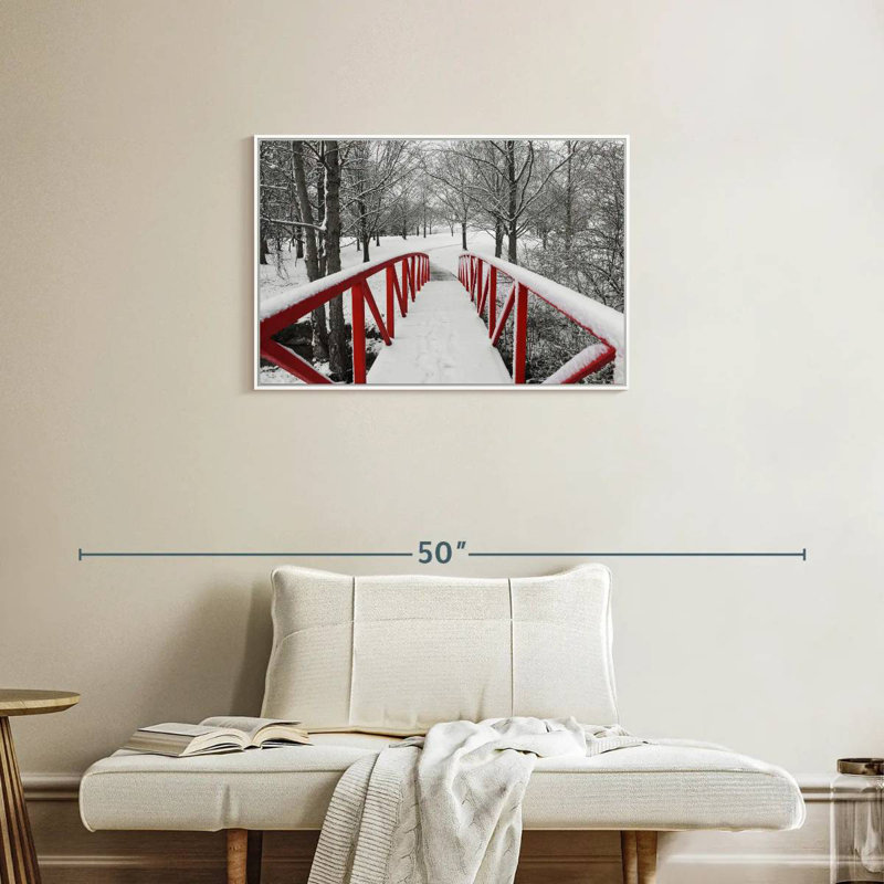 Passerelle rouge enneigée, 31 po x 21 po, Cadre flottant blanc