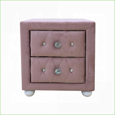 Table de chevet rembourrée en tissu rose avec 2 tiroirs - Mobilier de chambre en bois