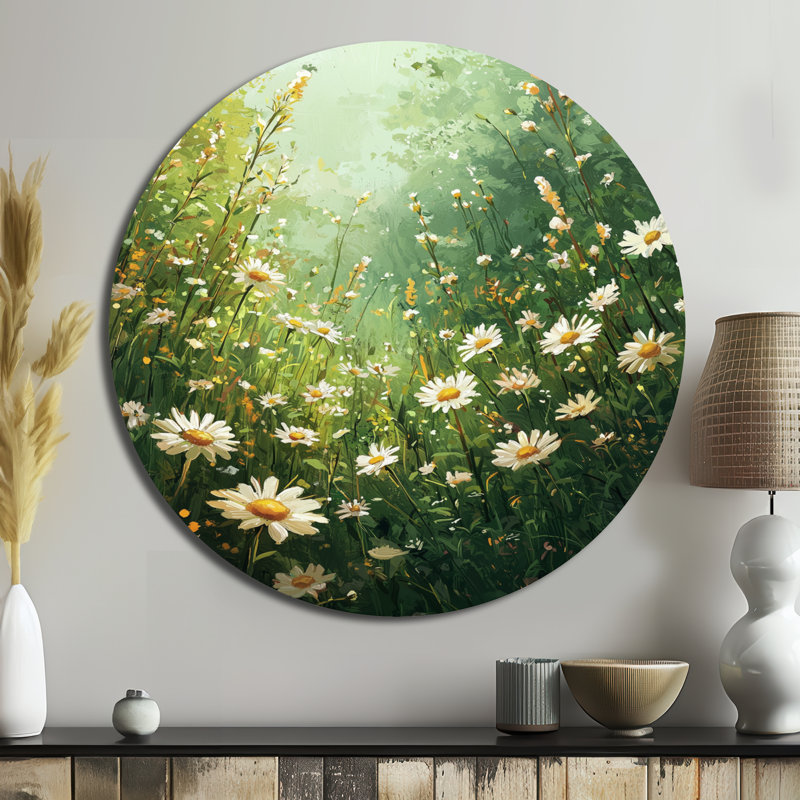 «White Country Daisies Dream», impression murale ronde en métal sur fond blanc, H 16 po x l 16 po