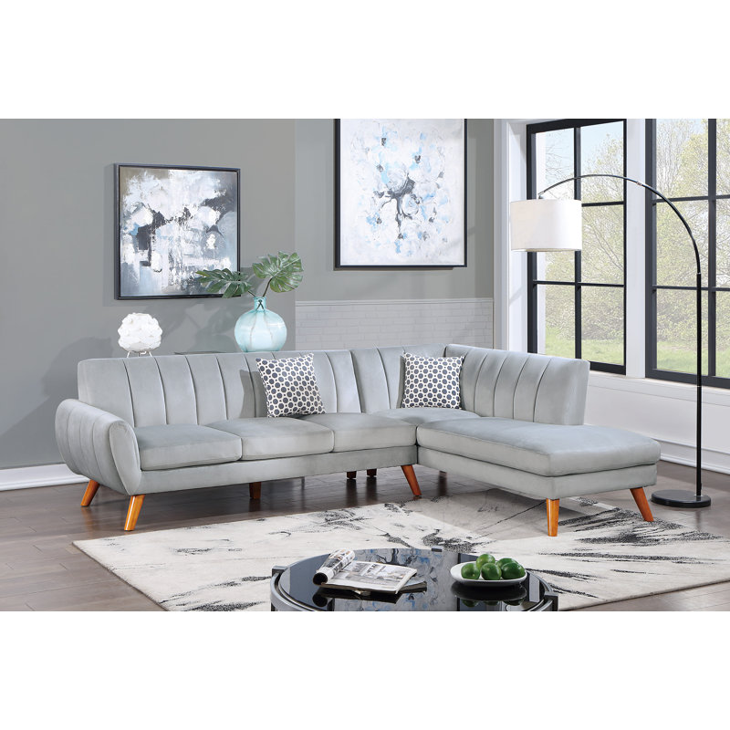 Velvet L-Shaped Sectional Right Hand Facing, Light Gray Velvet