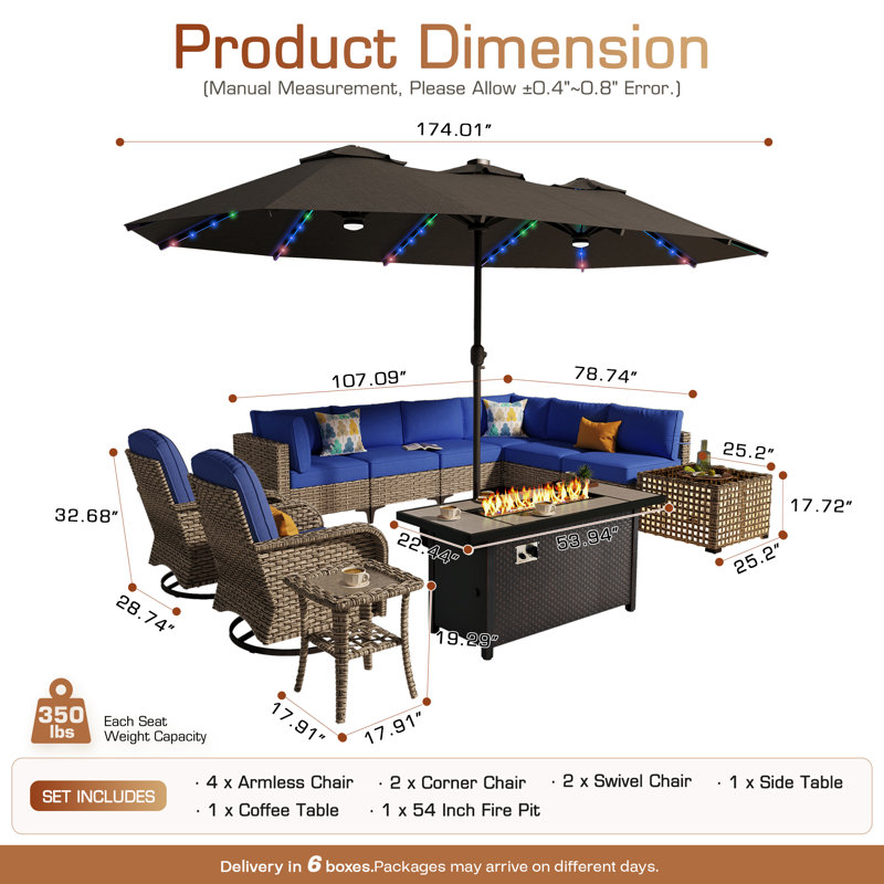 Ensemble de mobilier d'extérieur 11 pièces avec canapé modulaire en osier et foyer au propane, Marine
