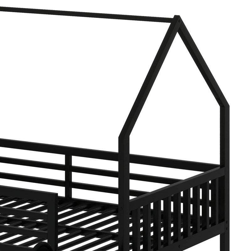 Lit simple superposé en métal avec garde-corps, lit en forme de maison avec glissade et escalier, Noir