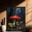 Art encadré noir Un hibou mignon se cachant sous la pluie sous des champignons rouges, impressions sur toile de style rétro-2110685352