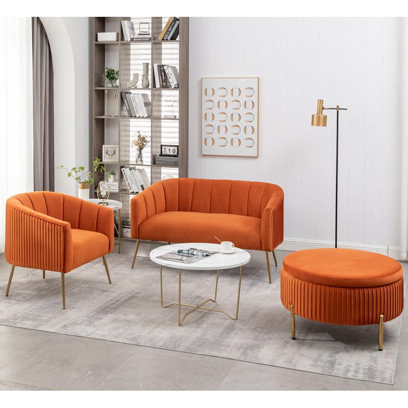 Ensemble de salon en velours 3 pièces Marecz, Orange