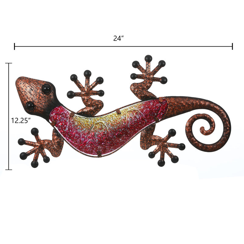 Décoration murale rétro 18 "Gecko, H 24 po x l 12,25 po, Rose / Jaune