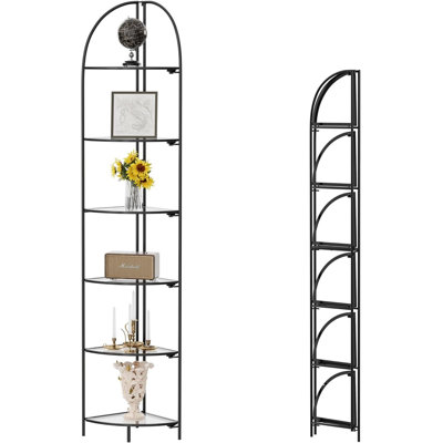 Metal Corner Plant Stand With Black Frame And Transparent Shelves
