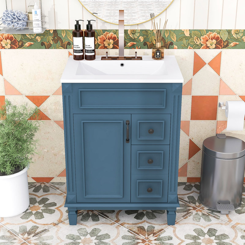 Meuble-lavabo simple autoportant moderne avec lavabo en céramique, tablette réglable et charnières à fermeture douce, Blue