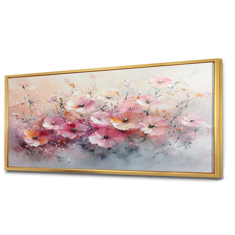 Jackelyne, coucher de soleil aux tons de rose pastel - fleurs sauvages, H 28 po x l 60 po, Cadre flottant, Doré