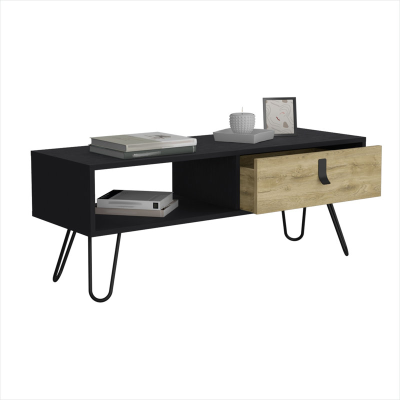 Table basse avec tiroir de rangement et tablette ouverte, plateau rectangulaire en bois d'ingénierie, pieds en épingle à cheveux en acier, largeur de 40,9 pouces