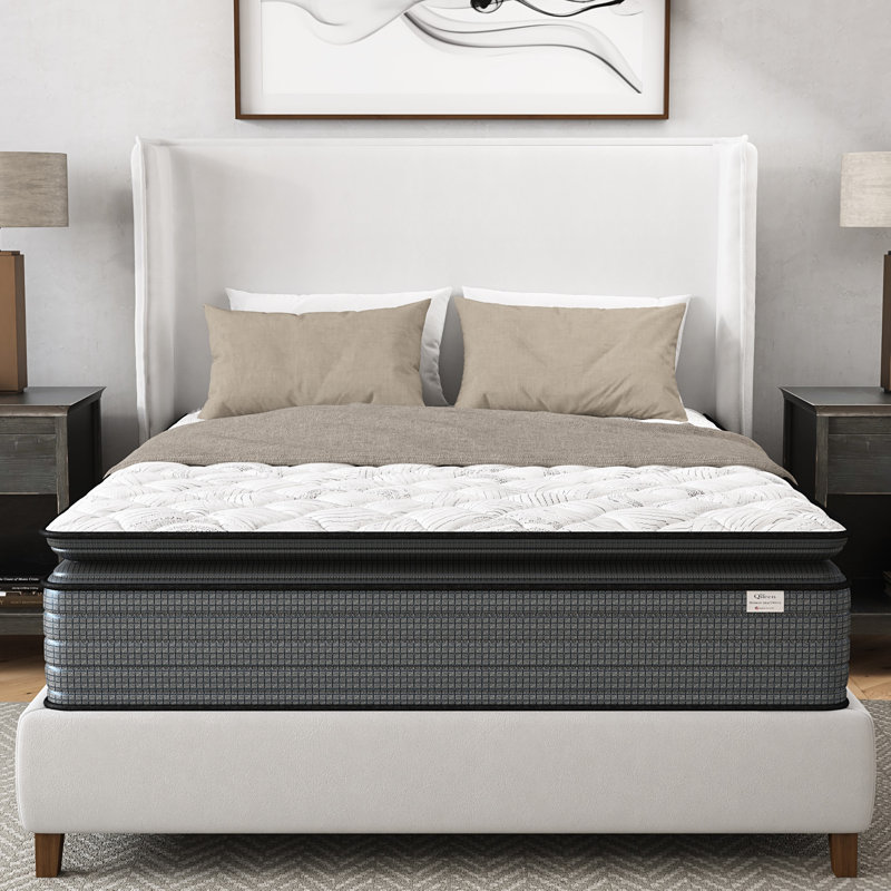 Matelas King Pillow Top de 14 pouces, - États-Unis, Soulagement, Faible transfert de mouvement, Soutien, Imperméable, Gris + Blanc, Garnissage en mousse à mémoire de forme, Matériau à ressorts, Compatible avec les cadres de base réglables, Transfert de mouvement et