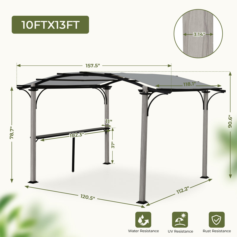 Pergola d'extérieur en aluminium 10 pi x 13 pi avec auvent légèrement arqué et petit bar, Gris
