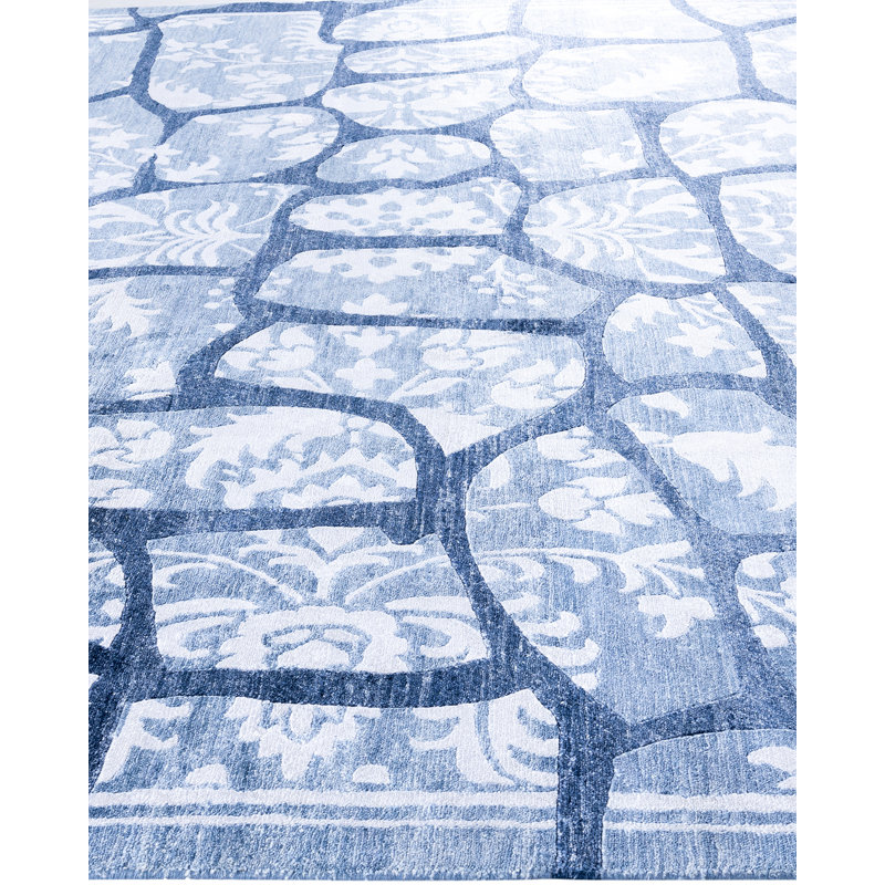 Blue Hand-Knotted Silk Rectangular Area Rug, 9' 1" x 12' 3"