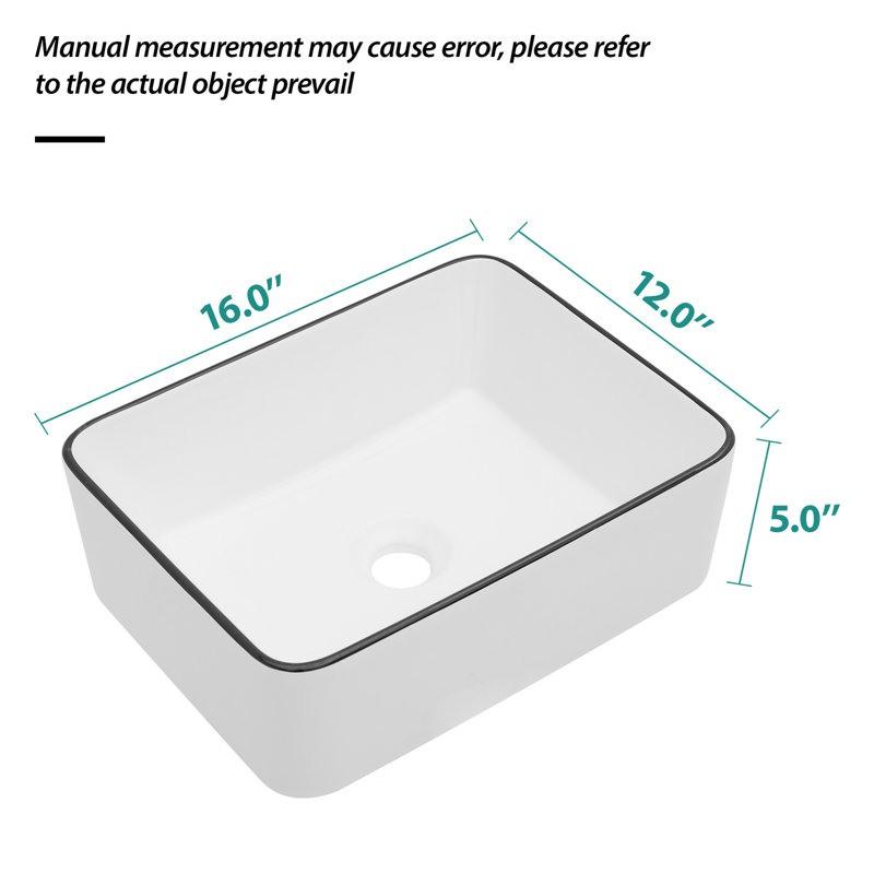 Lavabo de salle de bain rectangulaire en céramique blanche 16X12 pouces, Noir