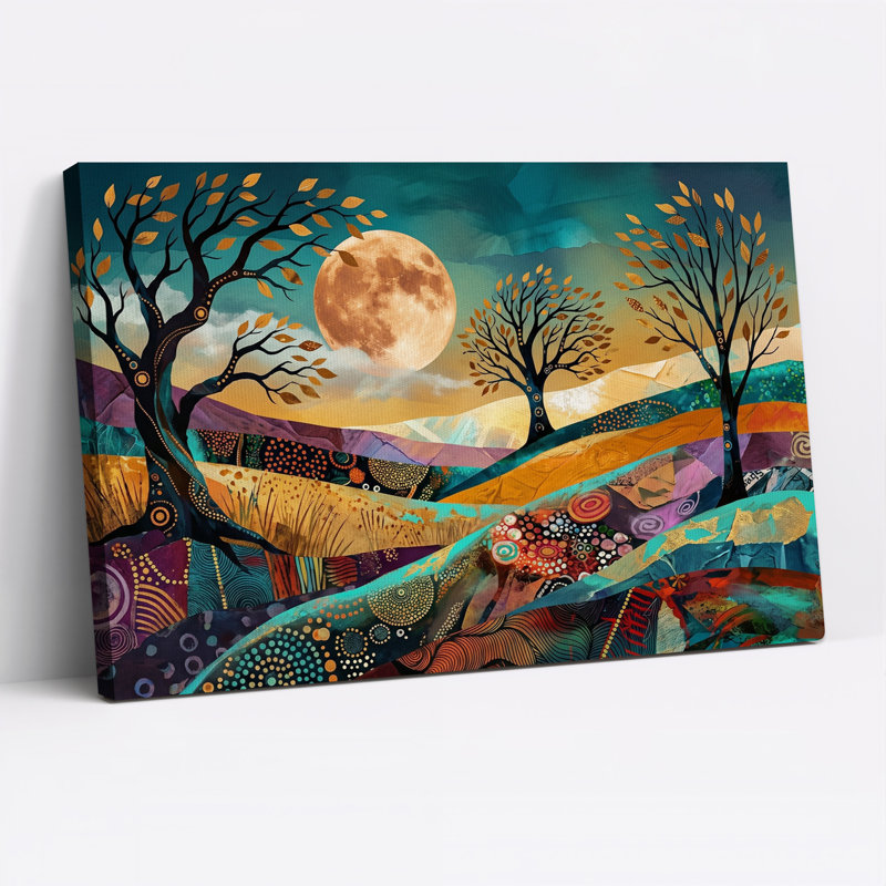 Tableau sur toile représentant des arbres abstraits et la pleine lune sur des collines à motifs, H 12 po x l 18 po