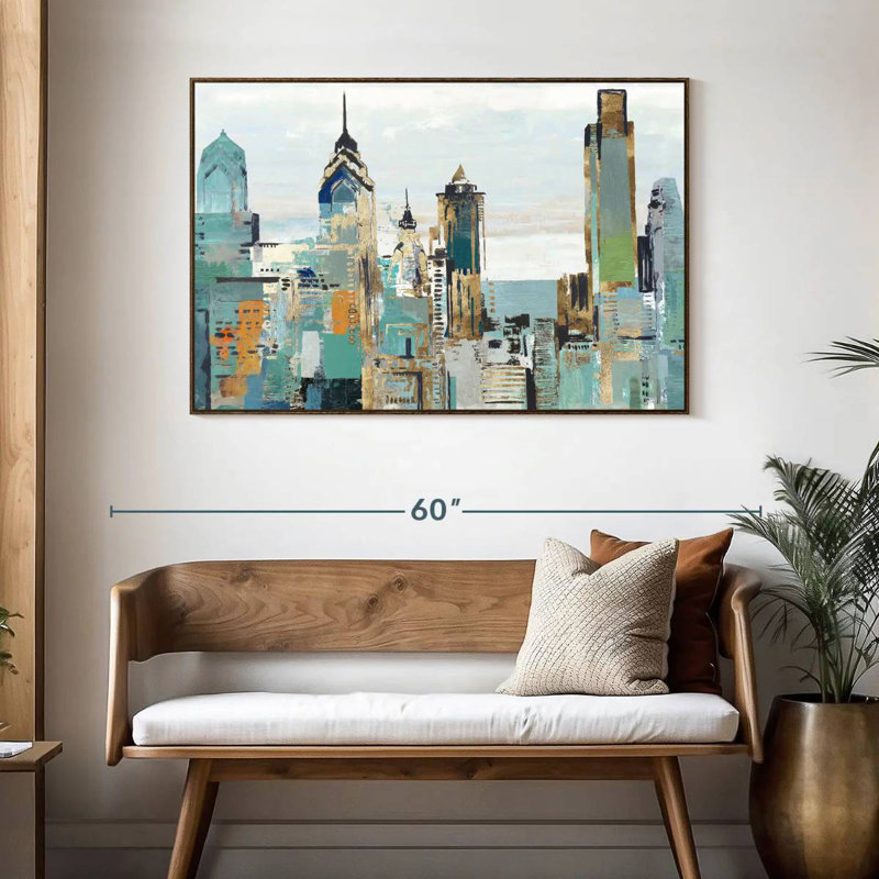 Bleu sarcelle Argueta I, 46 po x 31 po, Cadre flottant noyer