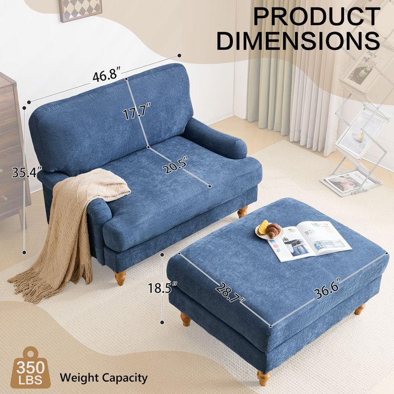 47" Upholstered Accent Chair With Ottoman,, Blue Foam Padding