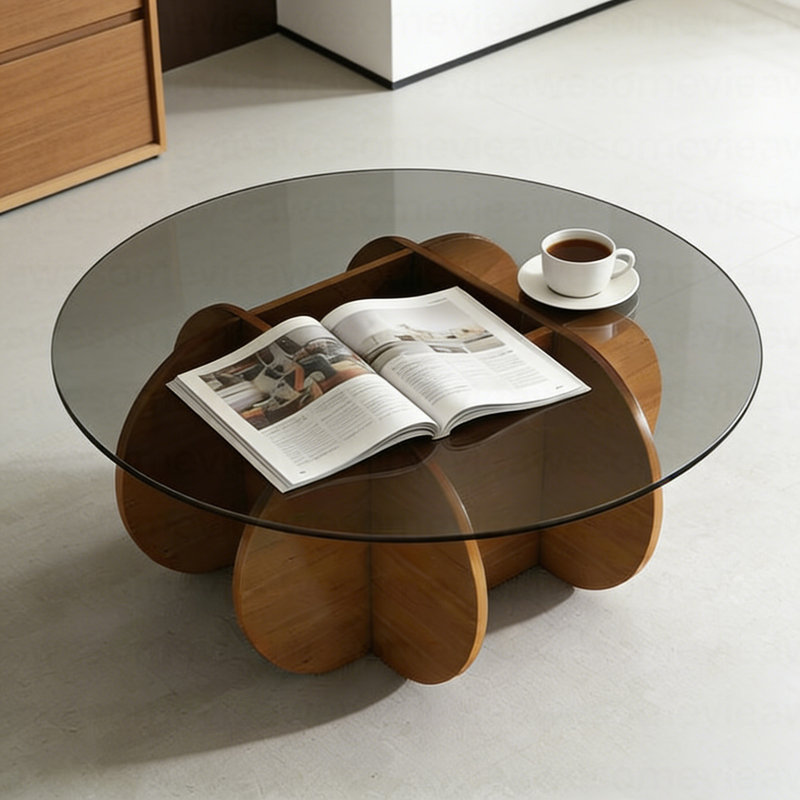 Modern Round Coffee Table For Living Room, 31.5" X 31.5" X 15.7" Mid Century Center Table With Tempered Glass Top And Wood, Walnut