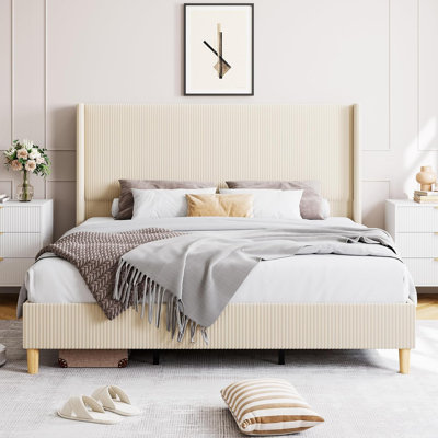 Bed Frame, Upholstered Platform Corduroy Bed Frame with Vertical Channel Tufted Wingback Headboard