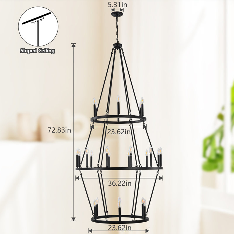 3-Tierd 24-lights wagon wheel chandeliers for dining room, Matte Black