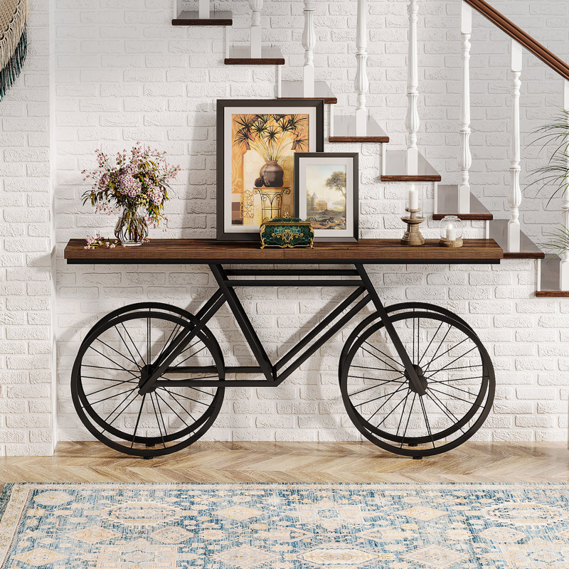 70.9'' Extra Long Console Table with Bicycle Base, Narrow Sofa Table Industrial Entryway Table, Rustic Brown, Black