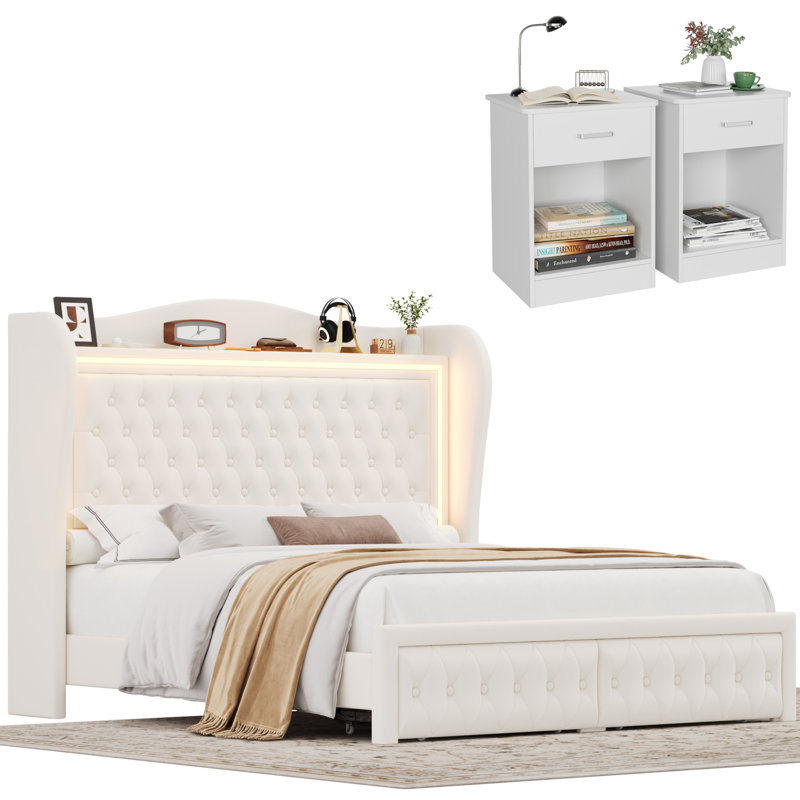 3 Piece Bedroom Set, Velvet Upholstered Wingback Bed With Led Lights & Storage Drawers, 2 Nightstands With 1-drawer, Queen
