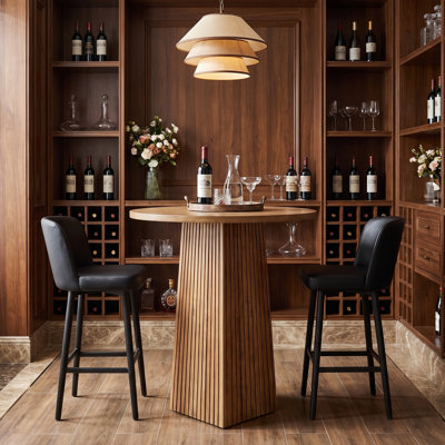 39.37" H Round Bar Table with Brown Wide Tabletop & Wood Pedestal Base