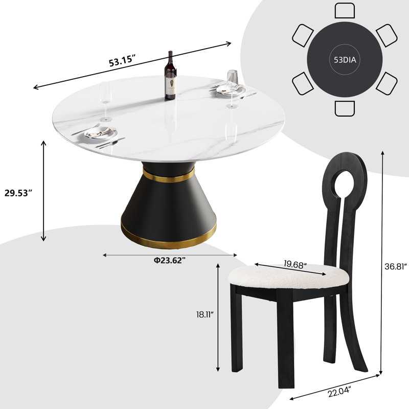 6 Seat Dining Table Set With Modern Key-shaped Dining Chairs, 7-piece Dining Set, Black, White