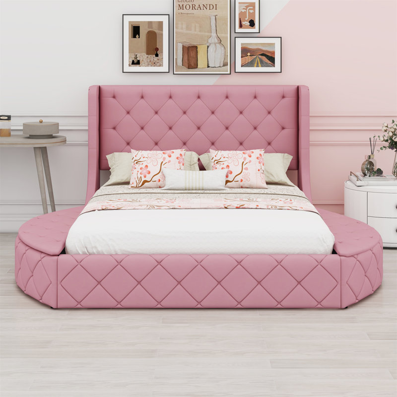 Lit plateforme tapissier avec tête de lit à oreilles, grand tiroir et 2 tabourets de rangement latéraux, Rose