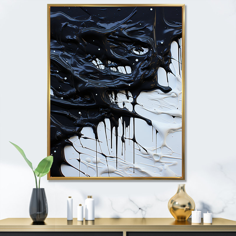 «Black and White Ink Exploison», reproduction sur toile, Cadre flottant doré, H 20 po x l 12 po x P 1 po