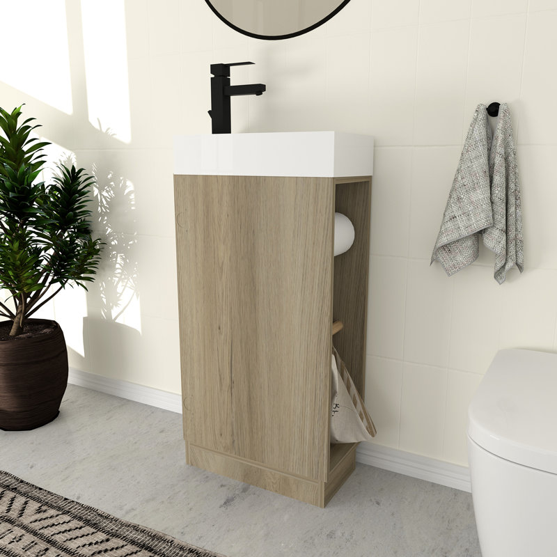 Petit meuble-lavabo de 16 pouces en frêne naturel avec lavabo en pierre, poignées dissimulées et porte-papier hygiénique