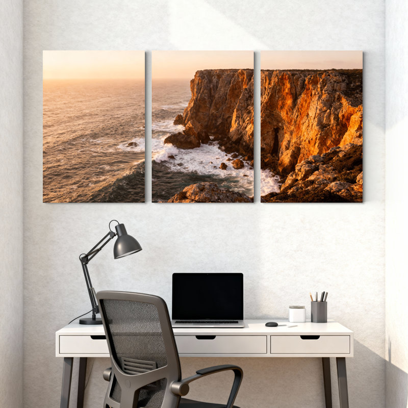 Scénario et paysages urbains coucher de soleil, océan, falaises, vagues, roches, réflexion, ciel clair, ensemble de 3 impressions sur toile