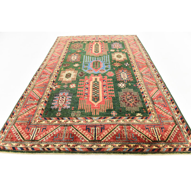 Tapis de zone en laine vert noué la 6 pi 7 po x 9 pi 9 po one-of-kind Denver