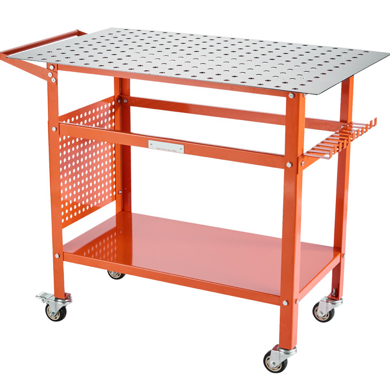 Table de soudage orange 40 po x 24 po, capacité statique de 800 lb, structure dynamique de 600 lb, 216 trous de luminaire de 5/8 po, rangement à deux couches, outils latéraux suspendus, 11 crochets, 4 roues 2 avec freins pour plus de flexibilité