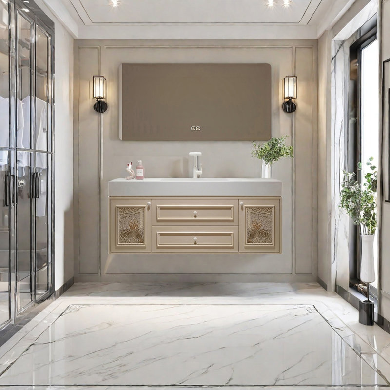 French cream style smart bathroom cabinet, Light Brown, 19.68" H x 51.18" W x 21.65" D