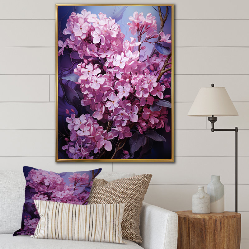 Murmures de lilas V sur toile, H 32 po x l 16 po x P 1 po, Cadre flottant doré
