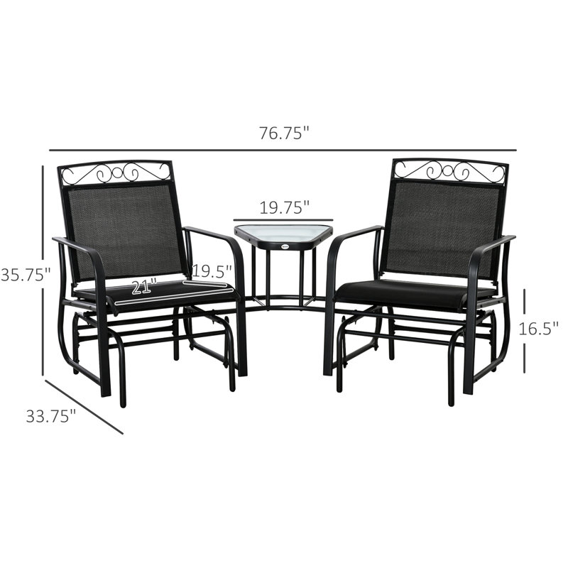 Balancelle pour l'extérieur avec 2 chaises berçantes et table basse. Fauteuils coulissants pour cour, jardin, porche. Noir Polypropylène respirant, acier. 78 po L x 34,05 po l 36,22 po H. Siège 21 po 19,5 po P 264 lb.