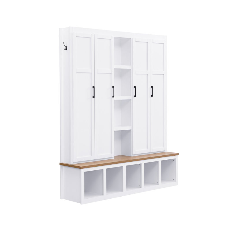 62.9"W Farmhouse 4-In-1 Hall Tree With 6 Hanging Hooks, Mudroom Wood Grain Bench With Open Compartments, Entryway Shoe Cabinet With Seating Bench For Living Room, Hallway, White