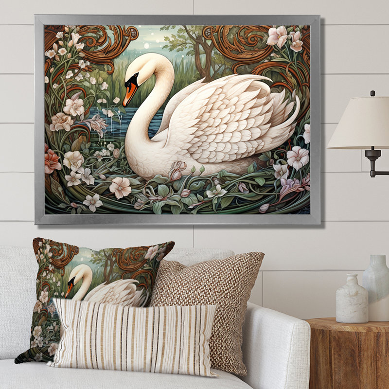 Cygnes majestueux, horizon sur toile, Cadre photo argenté, H 34 po x l 44 po x P 1,5 po