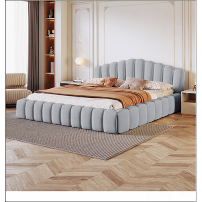 Velvet Upholstered Queen Bed Frame Shell-Shaped Headboard for Bedroom,Light Blue
