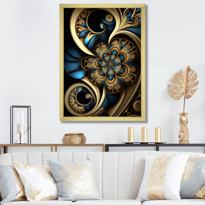 «Fractal Flower» en rétro or et bleu sarcelle foncé sur toile