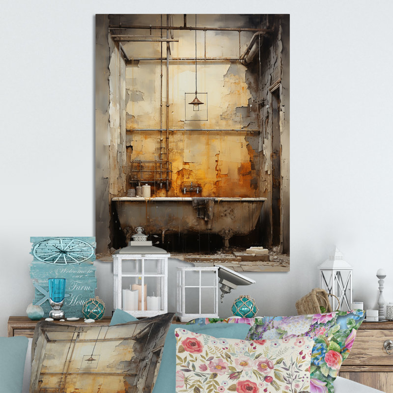 «Gray Industrial Minimalist Bath II» - Art mural en métal pour salle de bain, H 40 po x l 30 po x P 1,5 po