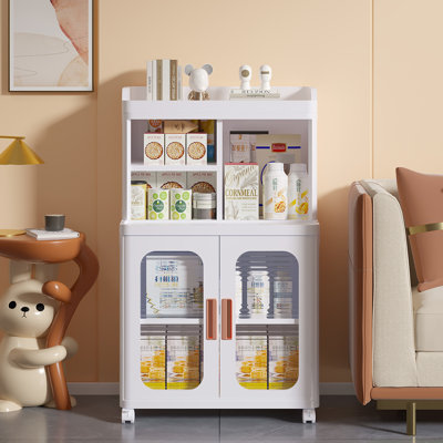 Abdullah Foldable Storage Cabinet with Shelves, Clear Double Doors & Rolling Wheels