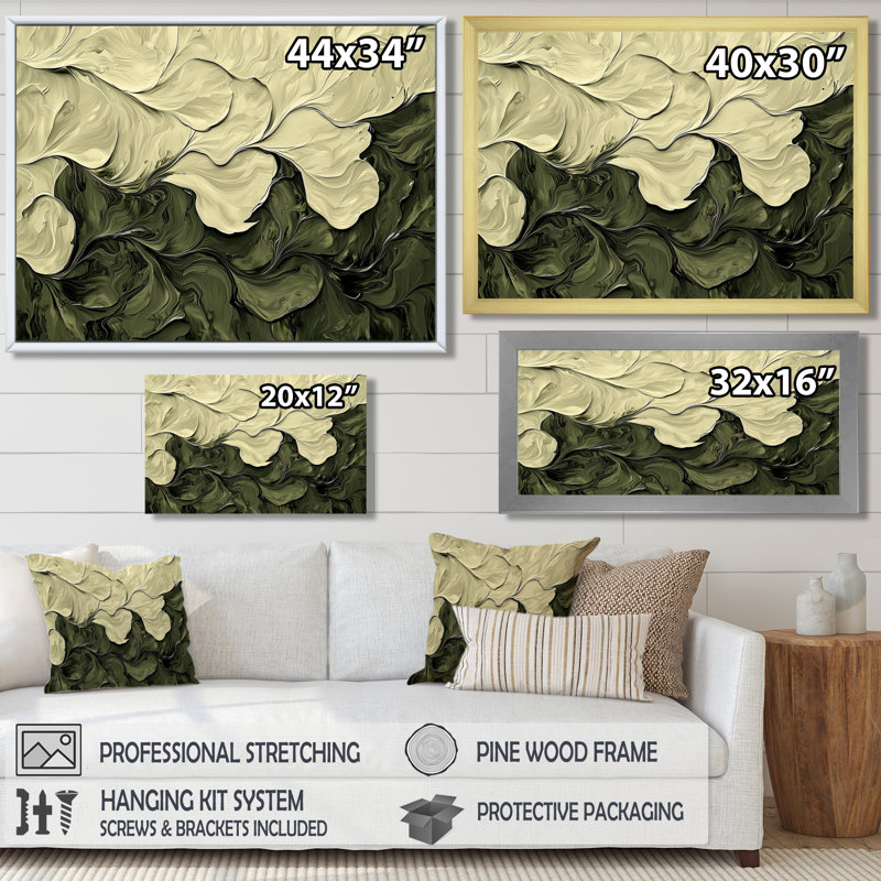 Jacovian abstrait crème vert pétale danse I - art mural abstrait, Reproduction encadrée d'une seule photo, H 30 po x l 40 po