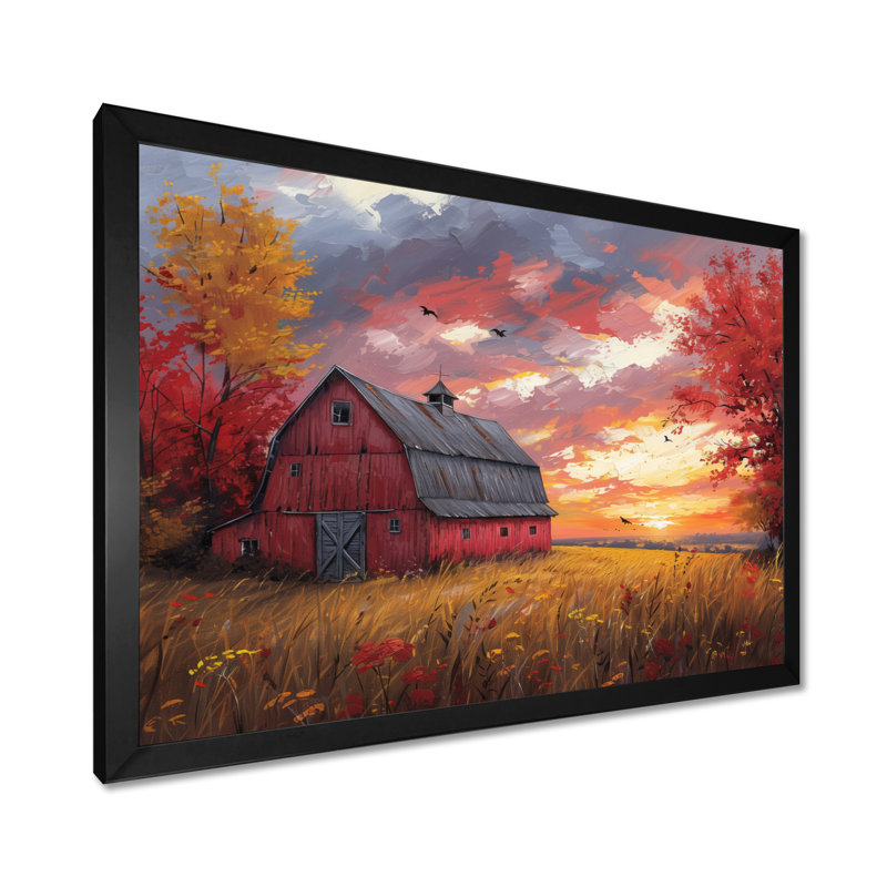 «Autumn Red Barn Breeze II» - reproduction d'art murale grange, H 30 po x l 40 po x P 1,5 po, Toile encadrée noire simple