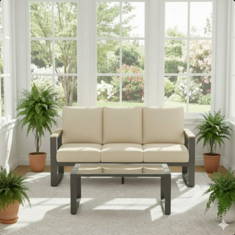 2-Piece 3-Seat Outdoor Sofa Couch Set, Beige/Black