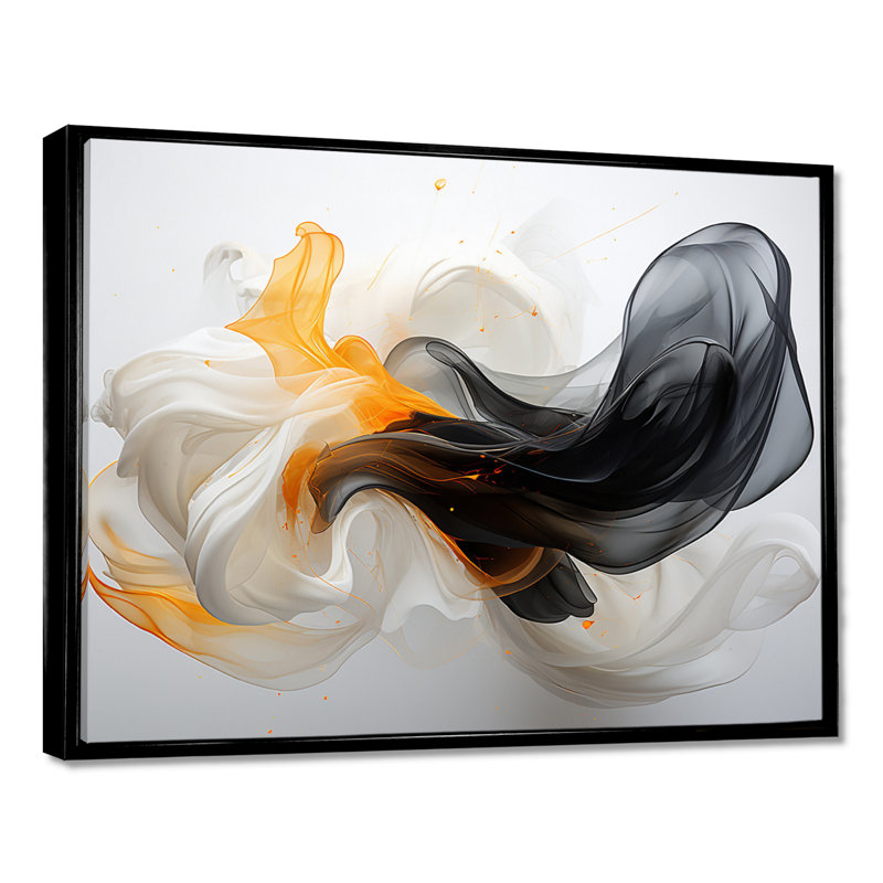 Blanc blanc vagues noires - encre liquide, art mural abstrait, salon, Cadre flottant noir, H 12 po x l 20 po